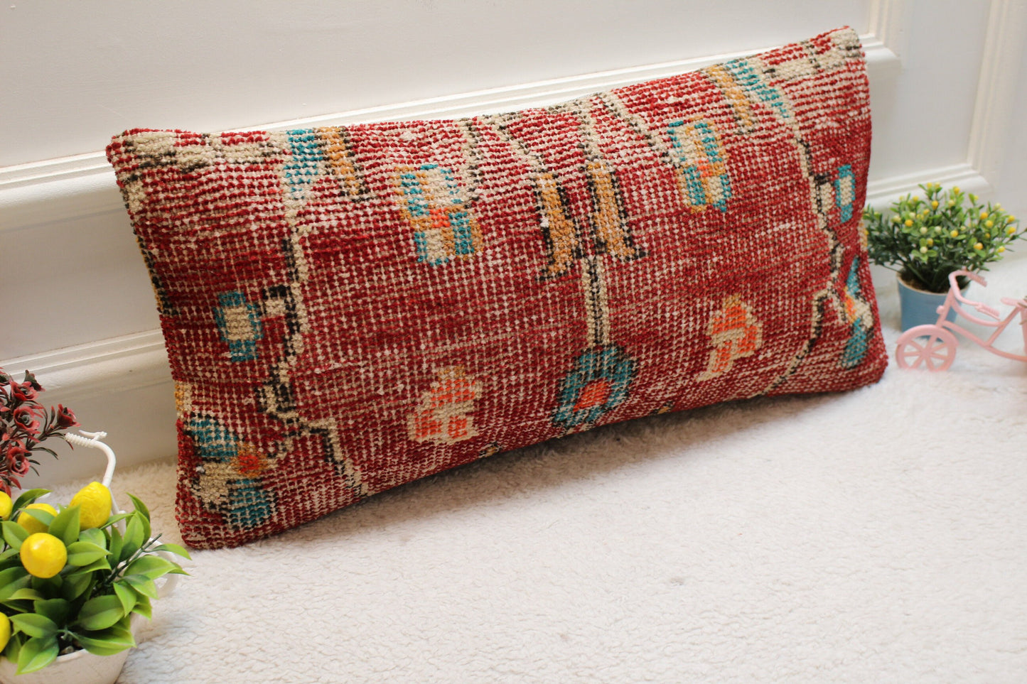 Red Vintage Turkish Rug Lumbar Pillow Cover: 12x24 inc Organic Wool