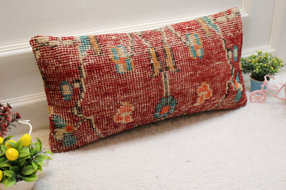 Red Vintage Turkish Rug Lumbar Pillow Cover: 12x24 inc Organic Wool