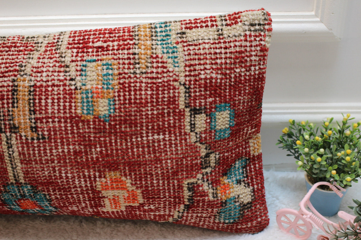 Red Vintage Turkish Rug Lumbar Pillow Cover: 12x24 inc Organic Wool