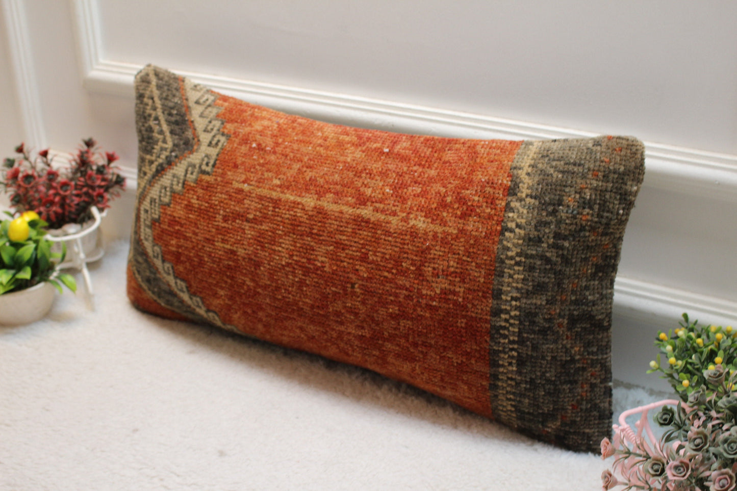 Vintage Turkish Rug Pillow Cover: Red Brown Organic Wool, 12x24 inch