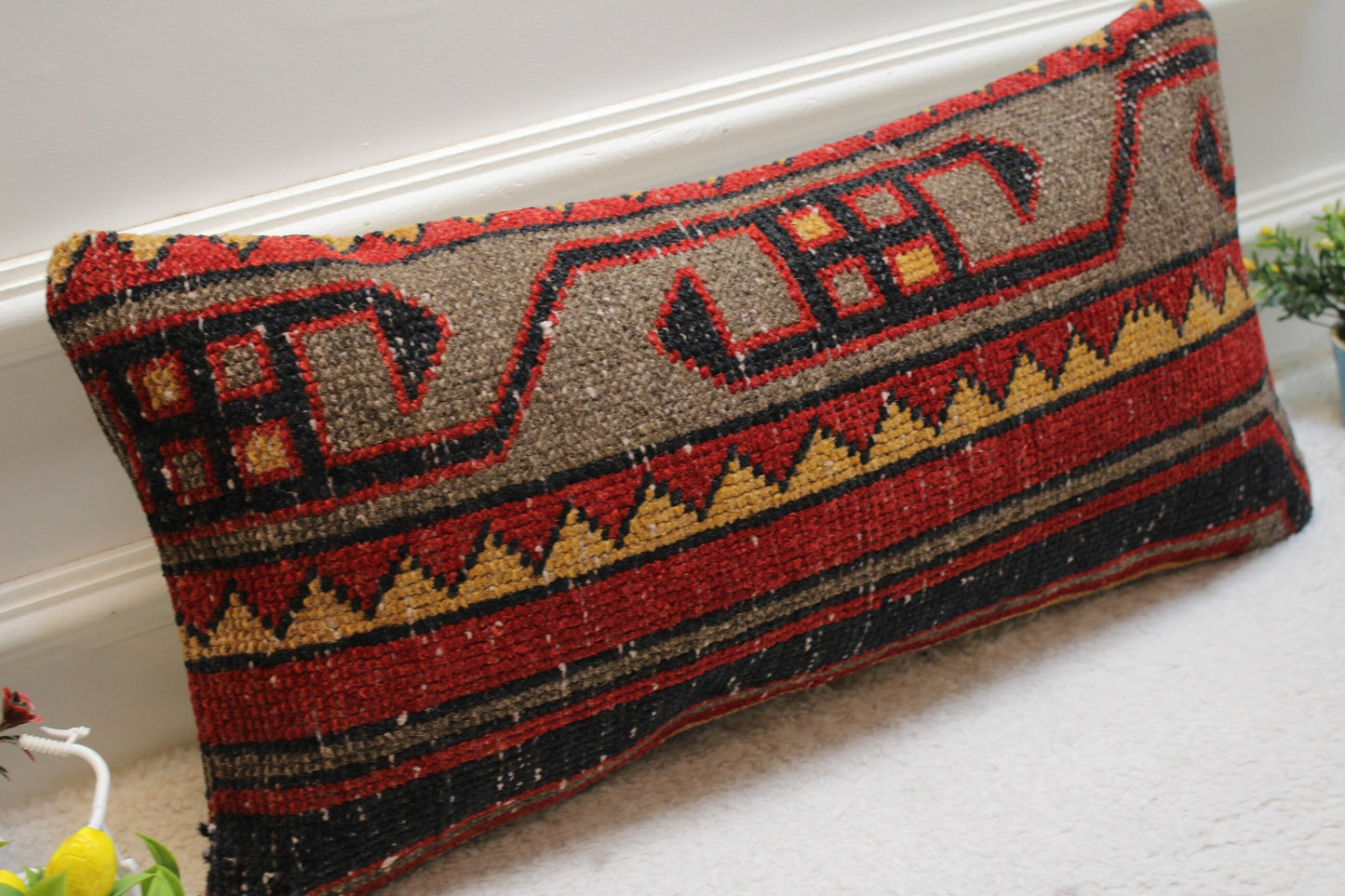 Red Gray Turkish Rug Pillow Cover: Vintage Wool Lumbar Pillow 12x24