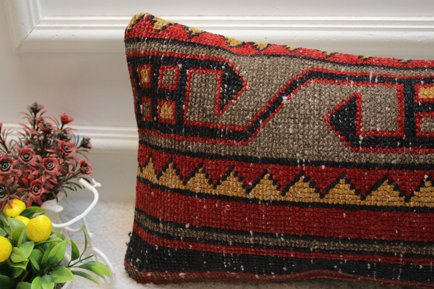 Red Gray Turkish Rug Pillow Cover: Vintage Wool Lumbar Pillow 12x24