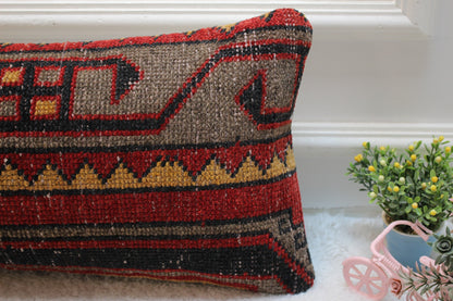Red Gray Turkish Rug Pillow Cover: Vintage Wool Lumbar Pillow 12x24