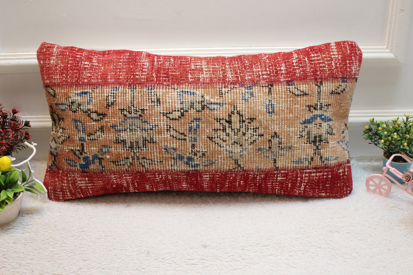 Red Anatolian Rug Pillow: Vintage Turkish Wool Lumbar Cushion (12x24 in)