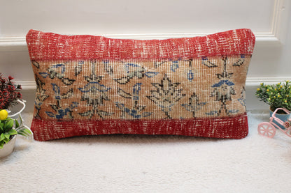 Red Anatolian Rug Pillow: Vintage Turkish Wool Lumbar Cushion (12x24 in)