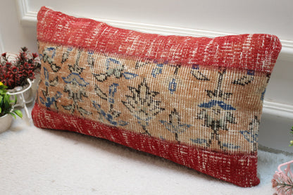 Red Anatolian Rug Pillow: Vintage Turkish Wool Lumbar Cushion (12x24 in)