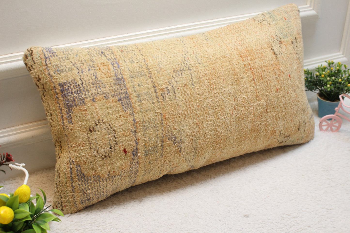 Beige Vintage Turkish Rug Lumbar Pillow Cover: Organic Wool, 12x24 in