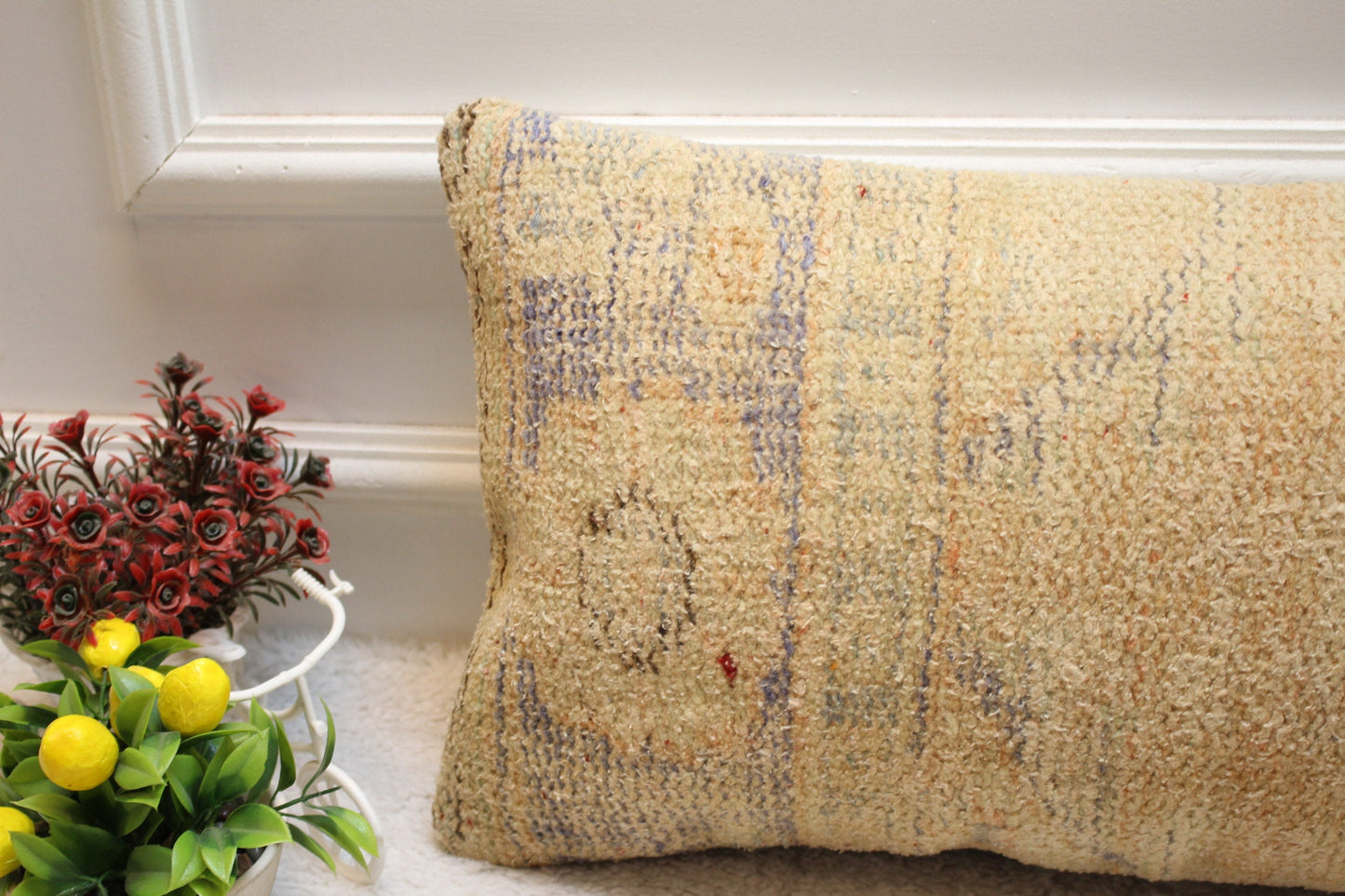 Beige Vintage Turkish Rug Lumbar Pillow Cover: Organic Wool, 12x24 in