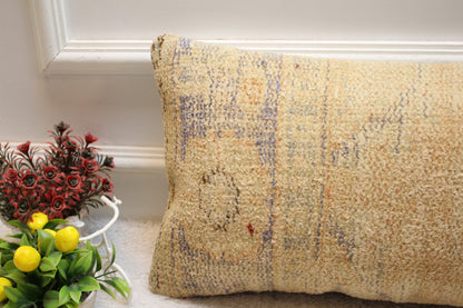 Beige Vintage Turkish Rug Lumbar Pillow Cover: Organic Wool, 12x24 in