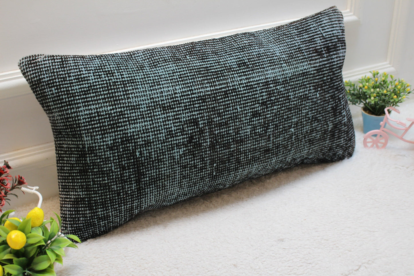 Handmade Green and Black Kilim Lumbar Pillow Cover: Upcycled Wool (12x24 inc)