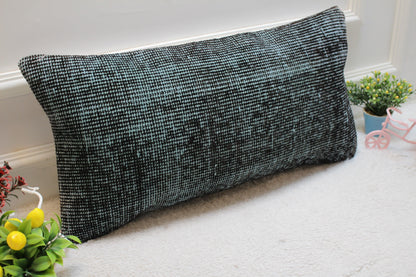 Handmade Green and Black Kilim Lumbar Pillow Cover: Upcycled Wool (12x24 inc)
