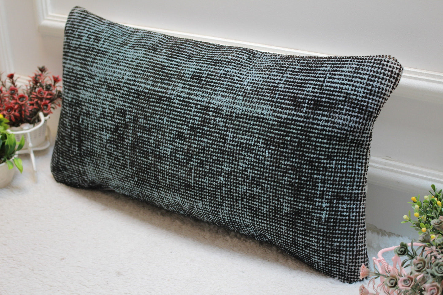 Handmade Green and Black Kilim Lumbar Pillow Cover: Upcycled Wool (12x24 inc)