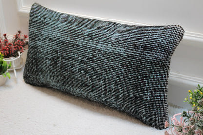 Handmade Green and Black Kilim Lumbar Pillow Cover: Upcycled Wool (12x24 inc)