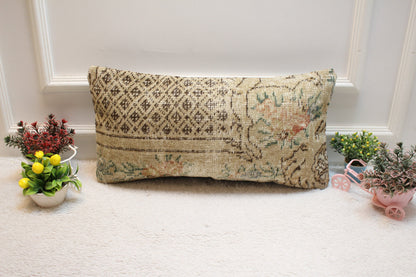 Beige Vintage Turkish Rug Pillow Cover: 12x24 Lumbar Pillow
