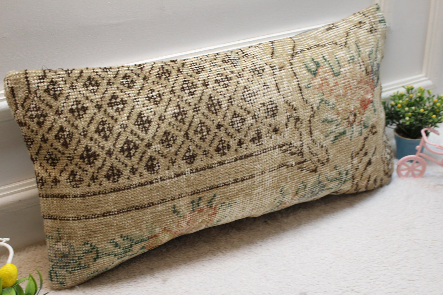Beige Vintage Turkish Rug Pillow Cover: 12x24 Lumbar Pillow