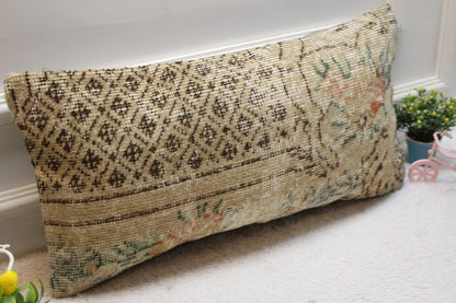 Beige Vintage Turkish Rug Pillow Cover: 12x24 Lumbar Pillow