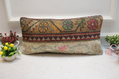 Handmade Turkish Rug Pillow Cover: Patchwork Wool Lumbar Cushion (12x24 in)