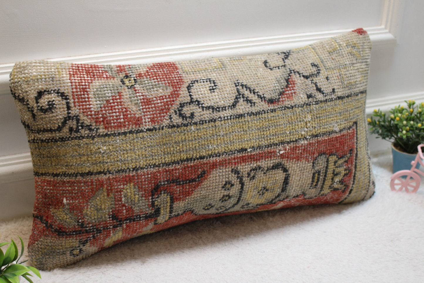 Handmade Turkish Rug Pillow Cover: Red Beige Wool Lumbar Cushion (12x24 in)