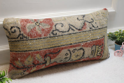 Handmade Turkish Rug Pillow Cover: Red Beige Wool Lumbar Cushion (12x24 in)