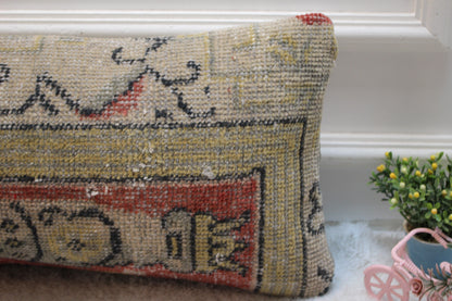 Handmade Turkish Rug Pillow Cover: Red Beige Wool Lumbar Cushion (12x24 in)