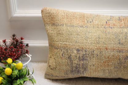 Handmade Beige Turkish Rug Lumbar Pillow Cover: 12x24 Organic Wool