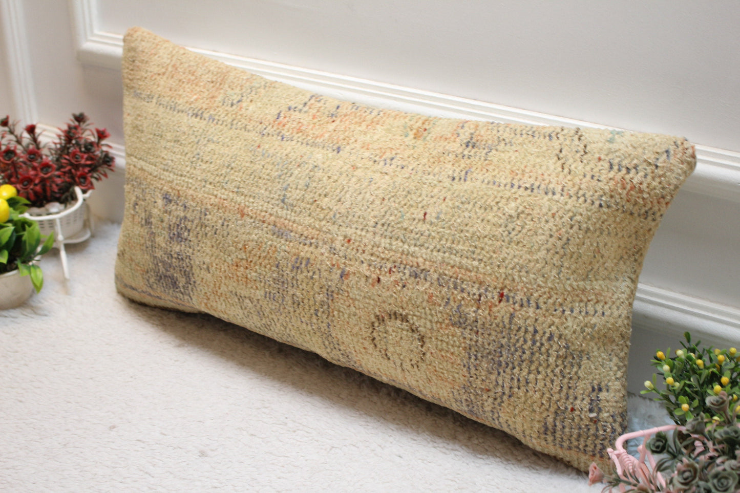 Handmade Beige Turkish Rug Lumbar Pillow Cover: 12x24 Organic Wool