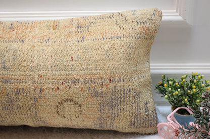 Handmade Beige Turkish Rug Lumbar Pillow Cover: 12x24 Organic Wool