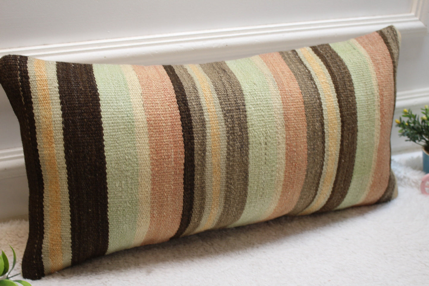 Striped Kilim Pillow Cover: Handmade Organic Wool Lumbar Pillow (12x24 in)