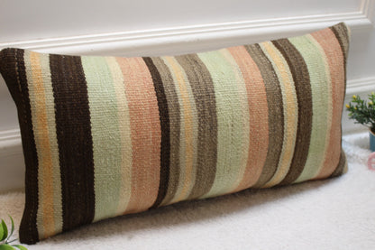 Striped Kilim Pillow Cover: Handmade Organic Wool Lumbar Pillow (12x24 in)