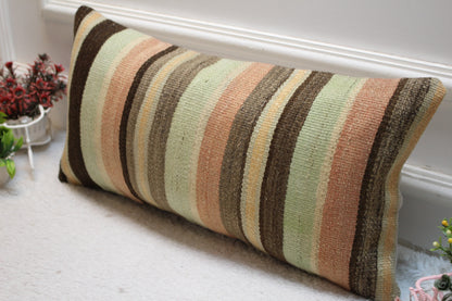 Striped Kilim Pillow Cover: Handmade Organic Wool Lumbar Pillow (12x24 in)