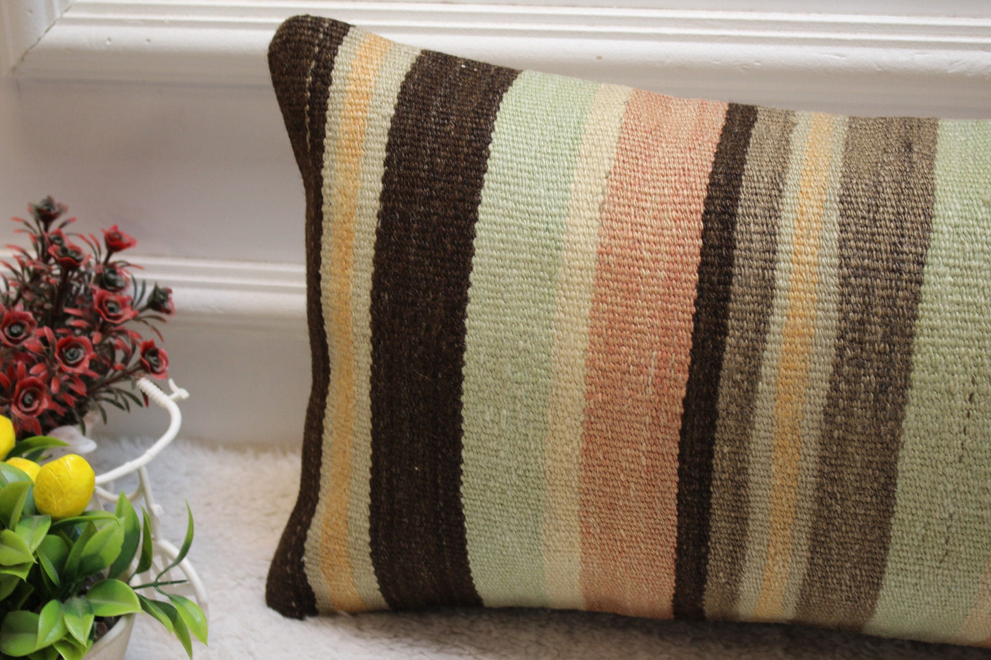 Striped Kilim Pillow Cover: Handmade Organic Wool Lumbar Pillow (12x24 in)