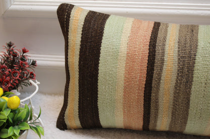 Striped Kilim Pillow Cover: Handmade Organic Wool Lumbar Pillow (12x24 in)