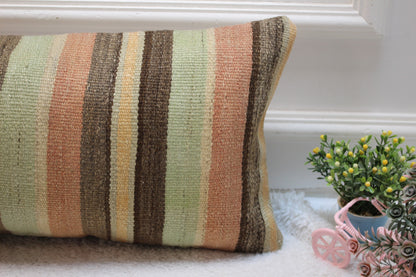 Striped Kilim Pillow Cover: Handmade Organic Wool Lumbar Pillow (12x24 in)