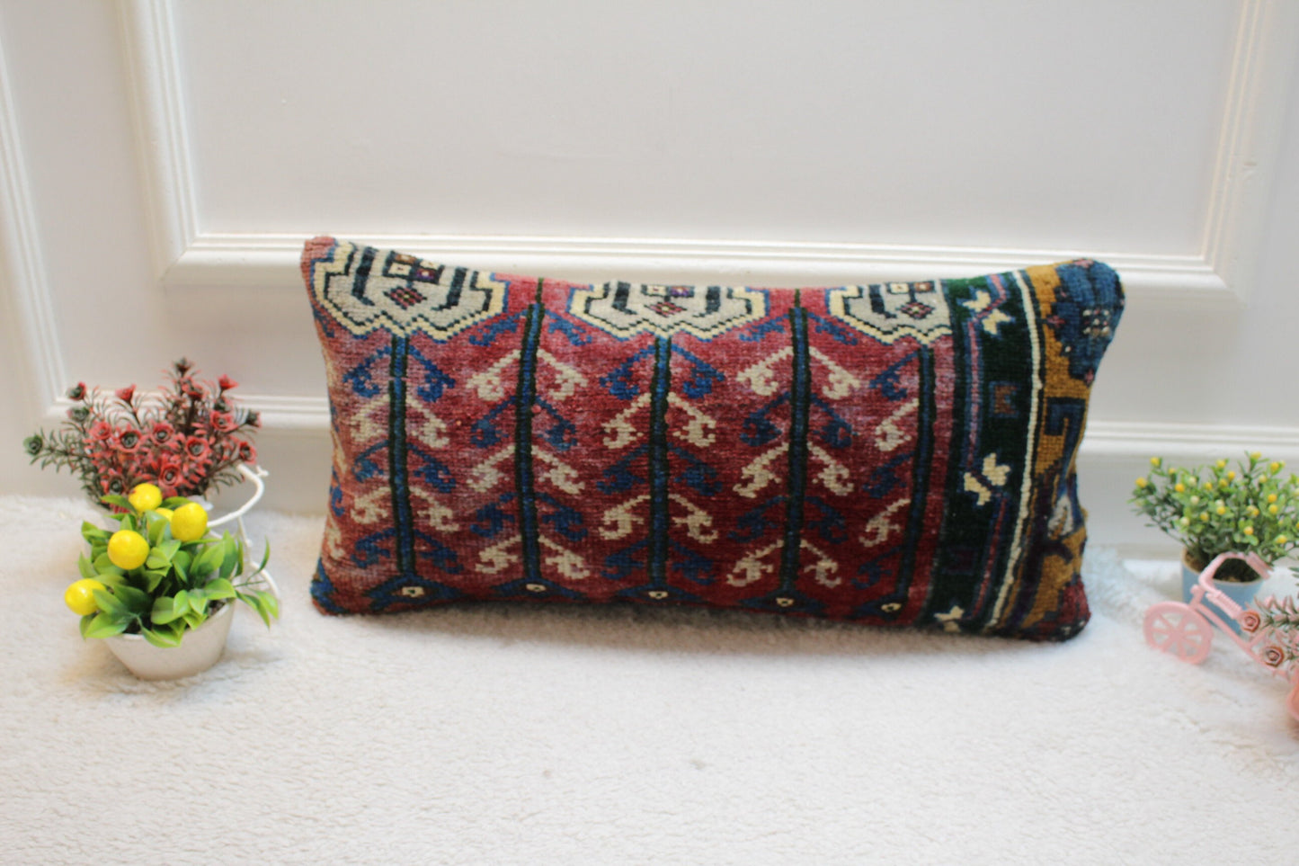 Handmade Turkish Rug Pillow Cover: Geometric Boho Lumbar Pillow (12x24 in)