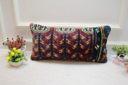 Handmade Turkish Rug Pillow Cover: Geometric Boho Lumbar Pillow (12x24 in)