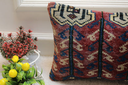 Handmade Turkish Rug Pillow Cover: Geometric Boho Lumbar Pillow (12x24 in)