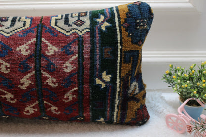 Handmade Turkish Rug Pillow Cover: Geometric Boho Lumbar Pillow (12x24 in)