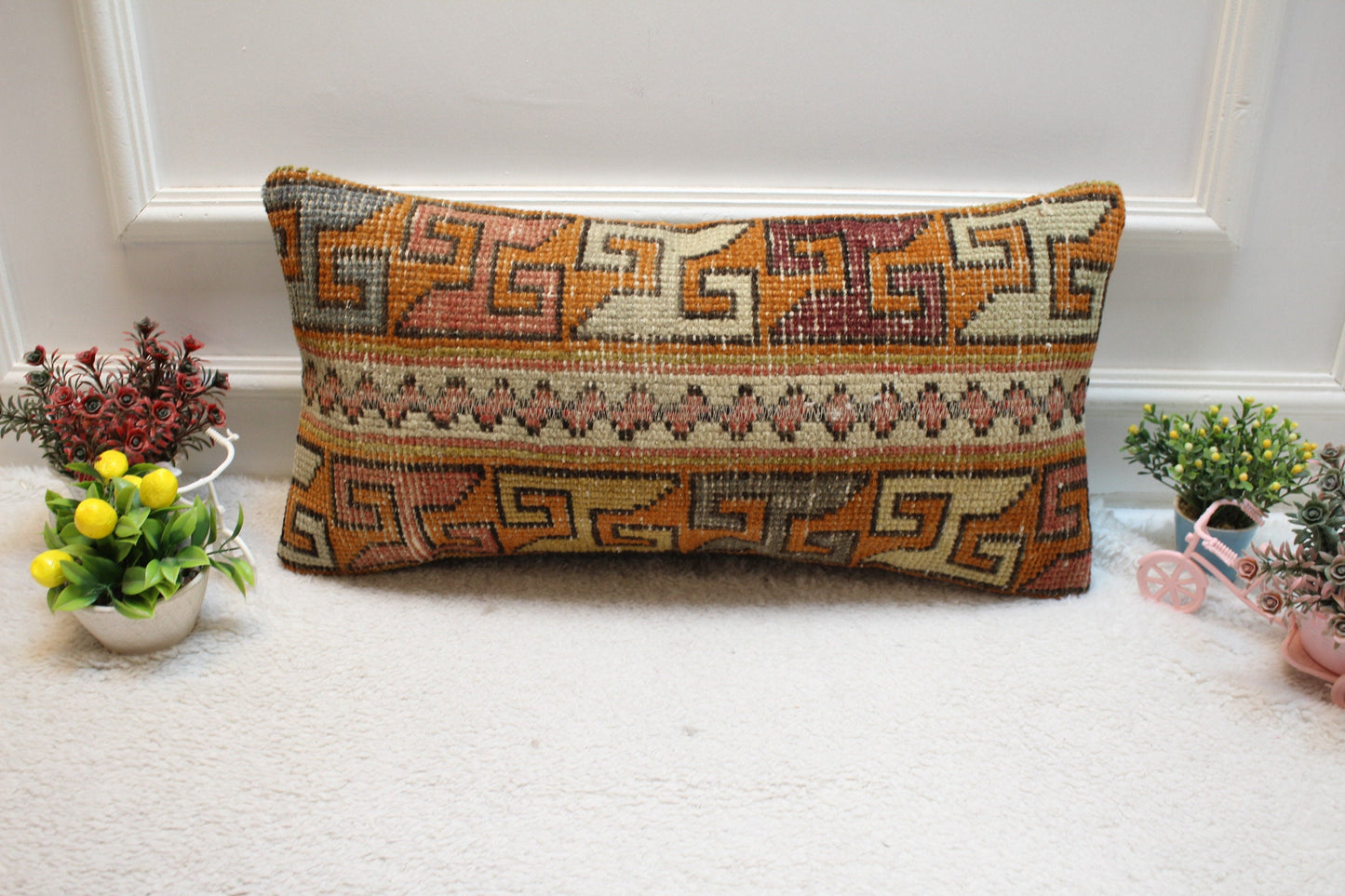 Orange Turkish Rug Lumbar Pillow Cover: Vintage Wool Throw Pillow (12x24 in)