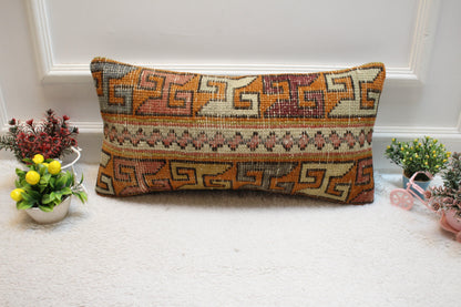 Orange Turkish Rug Lumbar Pillow Cover: Vintage Wool Throw Pillow (12x24 in)