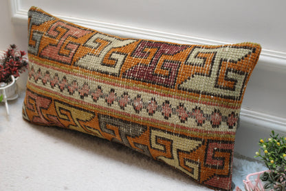 Orange Turkish Rug Lumbar Pillow Cover: Vintage Wool Throw Pillow (12x24 in)