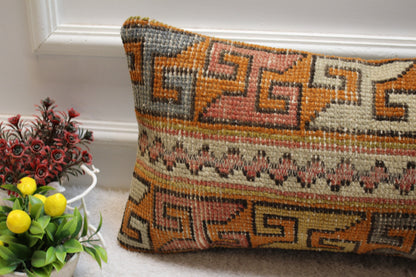 Orange Turkish Rug Lumbar Pillow Cover: Vintage Wool Throw Pillow (12x24 in)