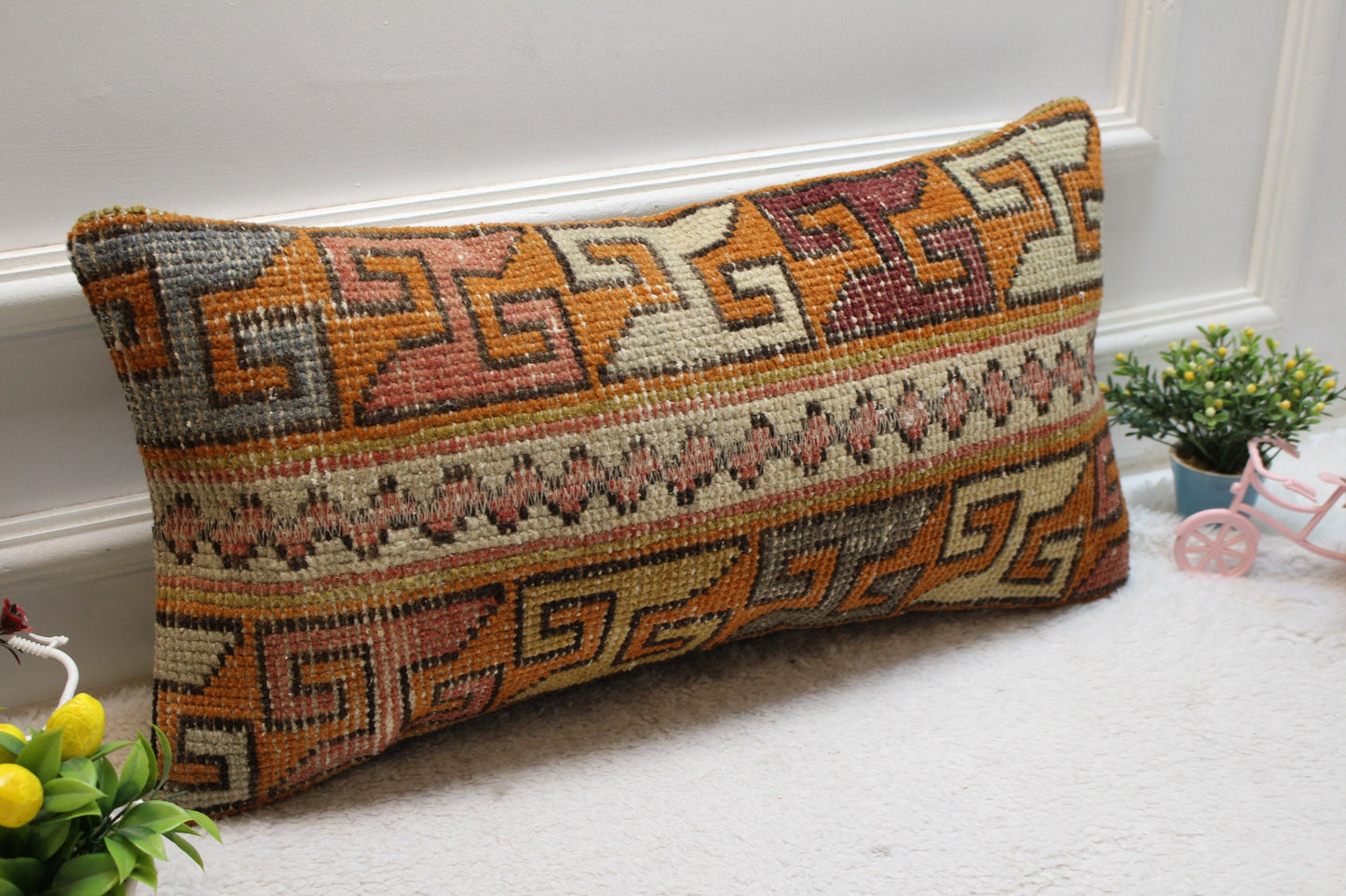 Orange Turkish Rug Lumbar Pillow Cover: Vintage Wool Throw Pillow (12x24 in)