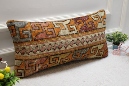 Orange Turkish Rug Lumbar Pillow Cover: Vintage Wool Throw Pillow (12x24 in)