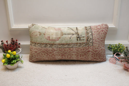 Vintage Turkish Rug Pillow Cover: Red & Green Organic Wool, 12x24 inch