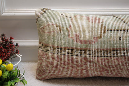 Vintage Turkish Rug Pillow Cover: Red & Green Organic Wool, 12x24 inch