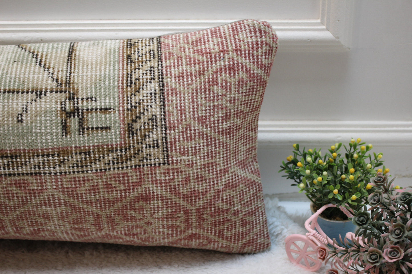 Vintage Turkish Rug Pillow Cover: Red & Green Organic Wool, 12x24 inch