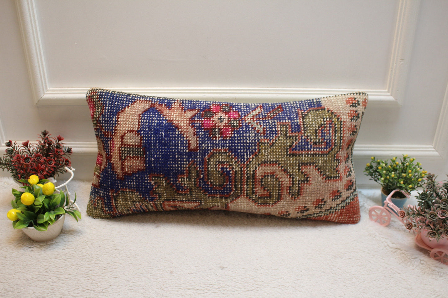 Blue Vintage Turkish Rug Lumbar Pillow Cover: 12x24 Organic Wool Pillow