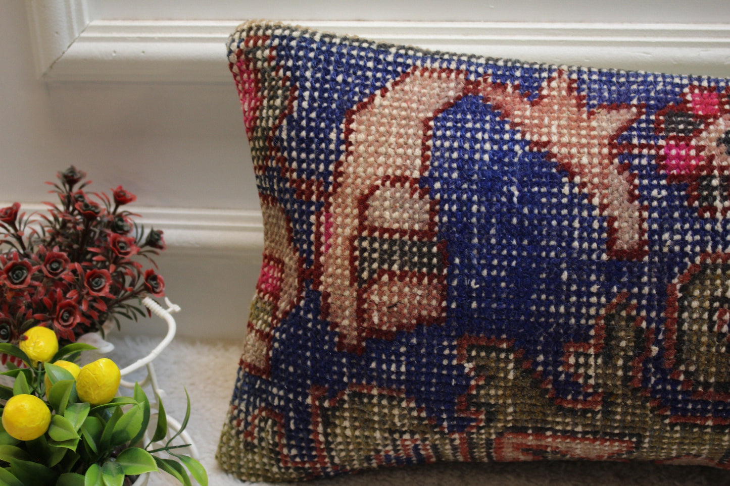 Blue Vintage Turkish Rug Lumbar Pillow Cover: 12x24 Organic Wool Pillow
