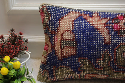 Blue Vintage Turkish Rug Lumbar Pillow Cover: 12x24 Organic Wool Pillow