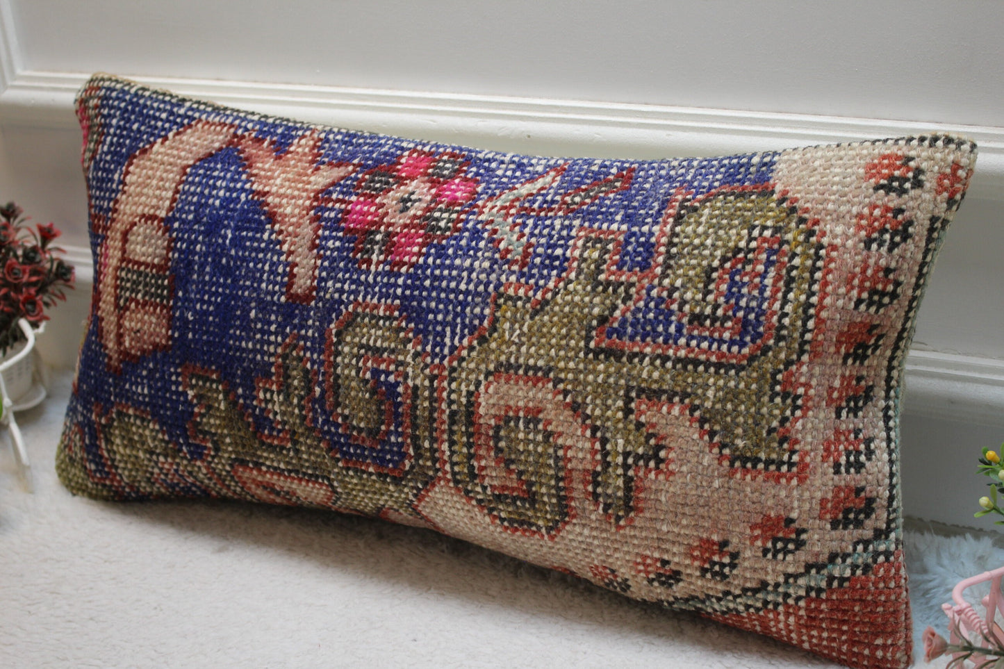 Blue Vintage Turkish Rug Lumbar Pillow Cover: 12x24 Organic Wool Pillow